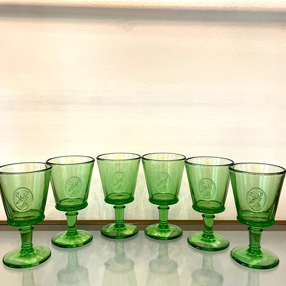 LA ROCHERE Alpine Deer Stag Head Embossed Goblet Wine Glass Set of 6 Green NEW - Picture 1 of 15